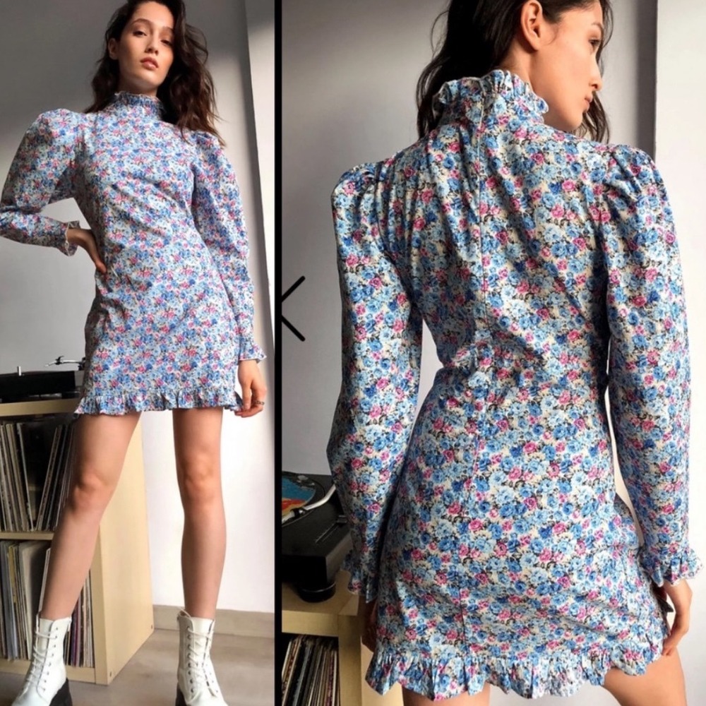 NWT 100% Cotton Nasty Gal Mini Dress Cottage Floral Blue Puff Sleeve US 6